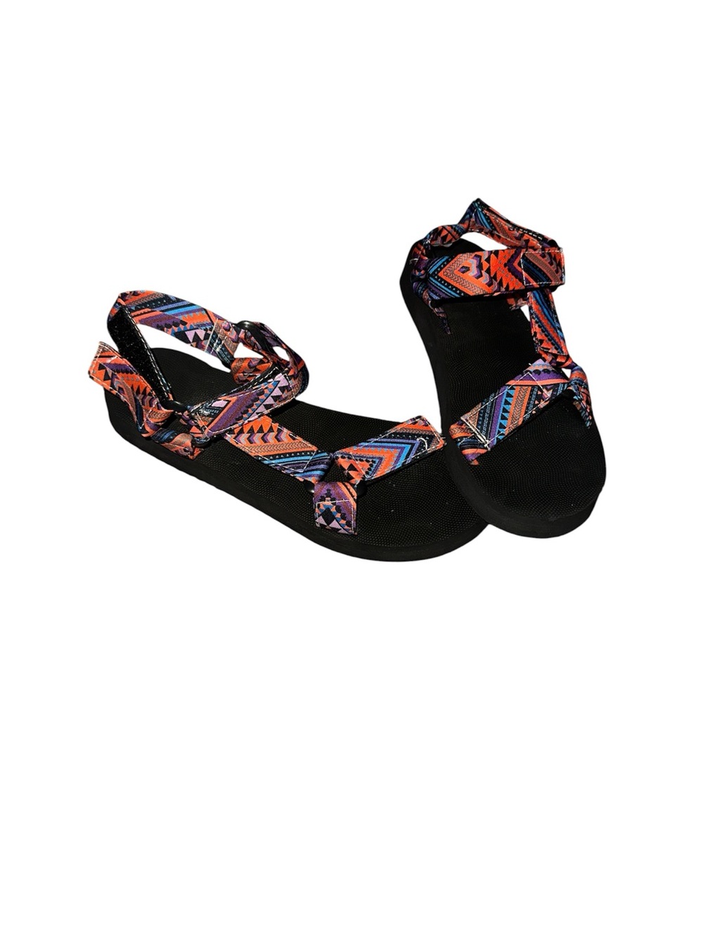 Women's Black Sandals with Orange & Purple Aztec Straps